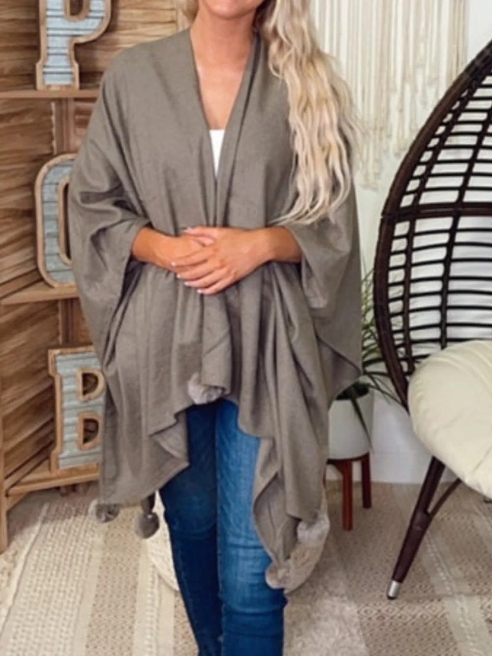 Taupe Pom-Pom Draped Wrap/Shawl